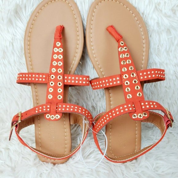Olivia Miller Shoes - Olivia Miller Women's Orange Gladiator Flat T-Strap Sandals SZ 8 NWOB